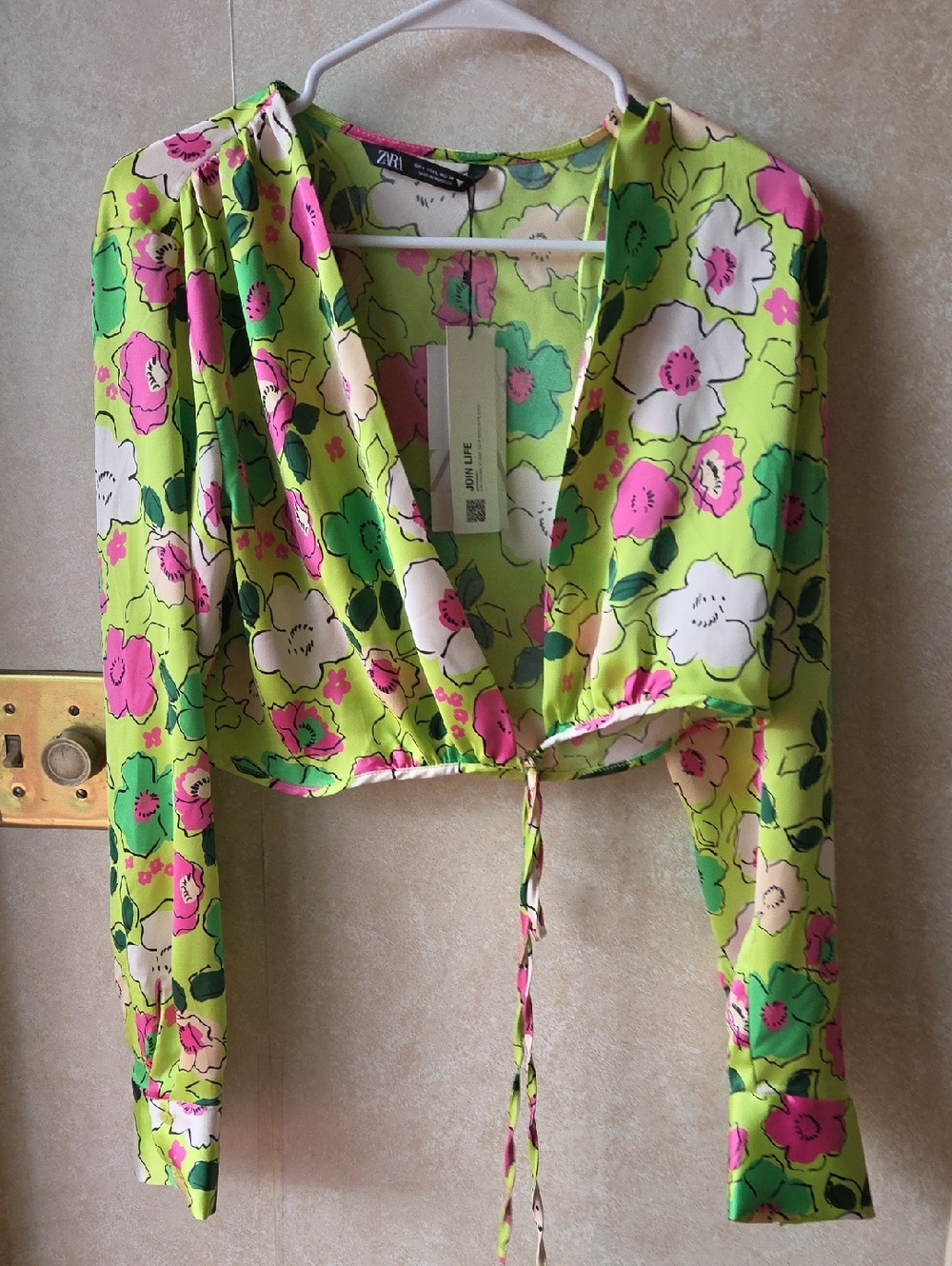 Zara Neon Lime Floral Tie-Front Blouse